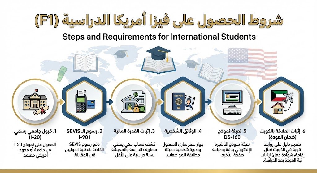 فيزا أمريكا الدراسية من الكويت – شروط ومتطلبات التقديم (F1)