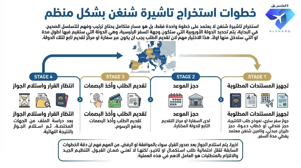 انفوجراف يوضح خطوات استخراج تأشيرة شنغن من تجهيز المستندات حتى انتظار القرار بطريقة مبسطة.